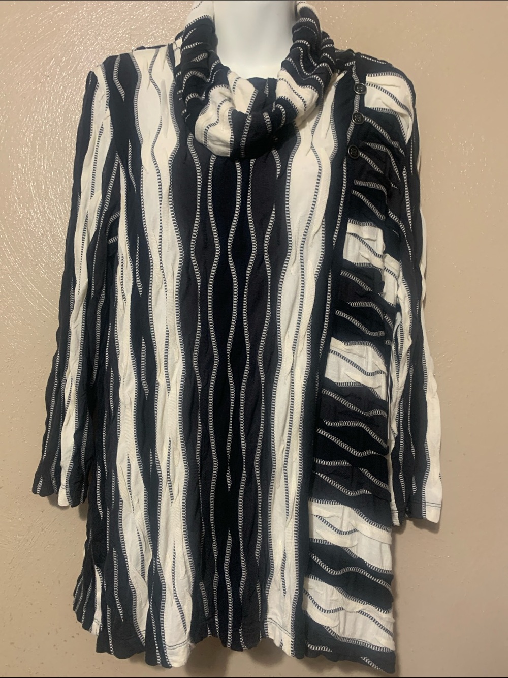 Multiples size M Black  & Cream Striped Cowl Neck Sweater Ruffle Accent NWT